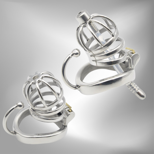 Male Chastity Cock Cage: Stainless Steel Hollow Breathable Sleeve with soft silicone Urinary Catheter Tube Lock