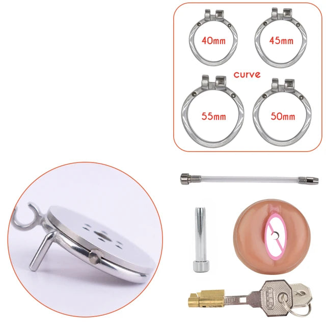 Detachable Small Pussy Flat Chastity Cage with Silicone/Metal Urethral Catheter Fake Vagina Cock Cage