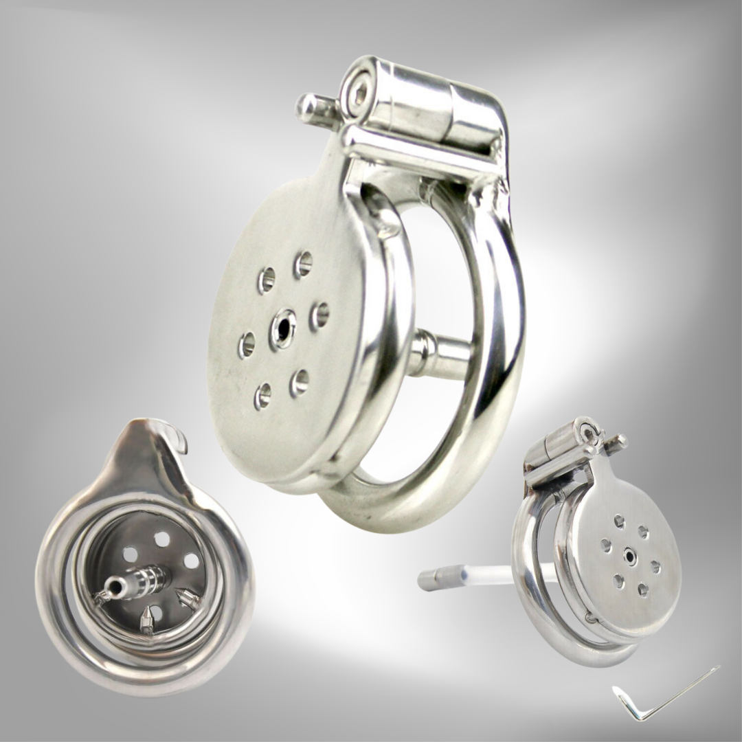Flat Chastity Cage for Men with Metal Urethral Catheter - InvertedChastity