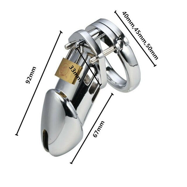Male Chastity Device - Stainless Steel Chrome Plated Metal Cock Cage with Lock