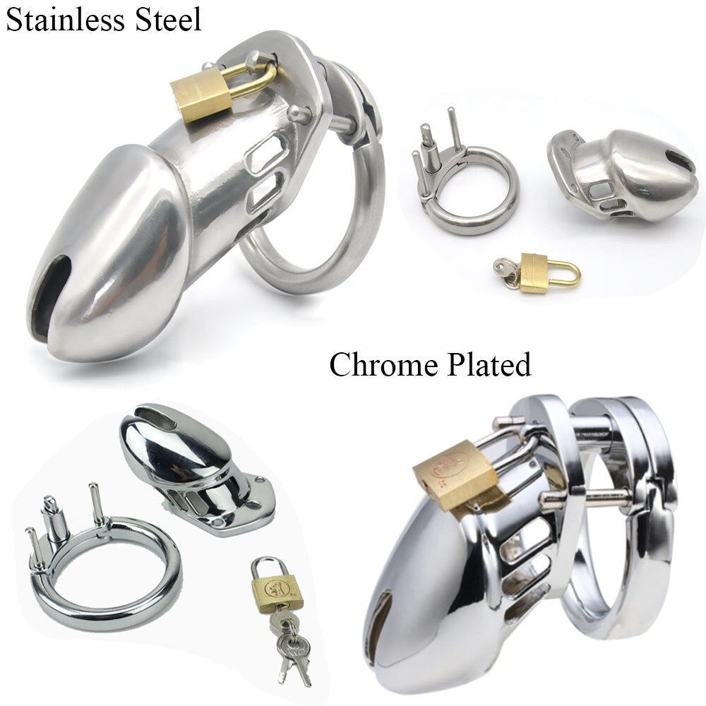 Male Chastity Device - Stainless Steel Chrome Plated Metal Cock Cage with Lock