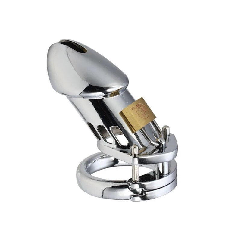 Male Chastity Device - Stainless Steel Chrome Plated Metal Cock Cage with Lock