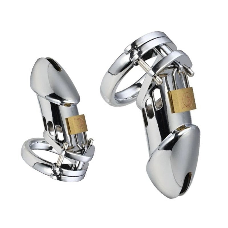 Male Chastity Device - Stainless Steel Chrome Plated Metal Cock Cage with Lock