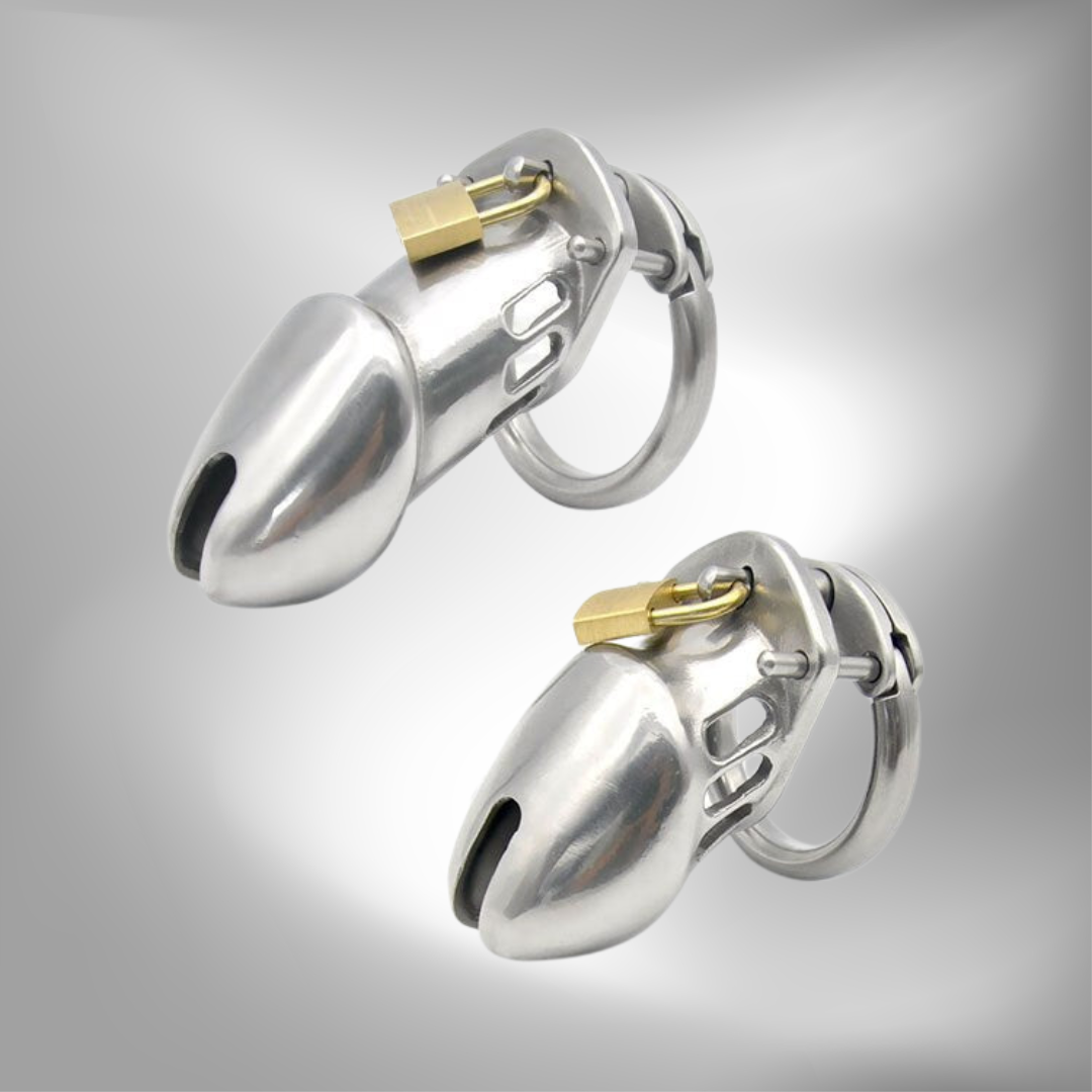Male Chastity Device - Stainless Steel Chrome Plated Metal Cock Cage with Lock