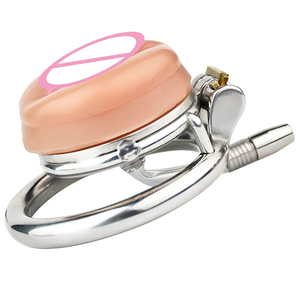 Detachable Small Pussy Flat Chastity Cage with Silicone/Metal Urethral Catheter Fake Vagina Cock Cage