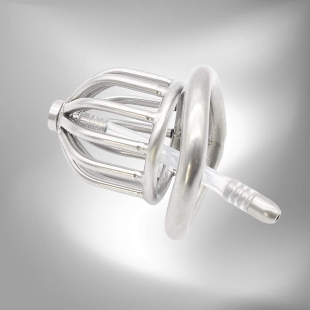 Small Metal Chastity Cock Cage For Men with Urinary Catheter, Penis Ring, and Lock