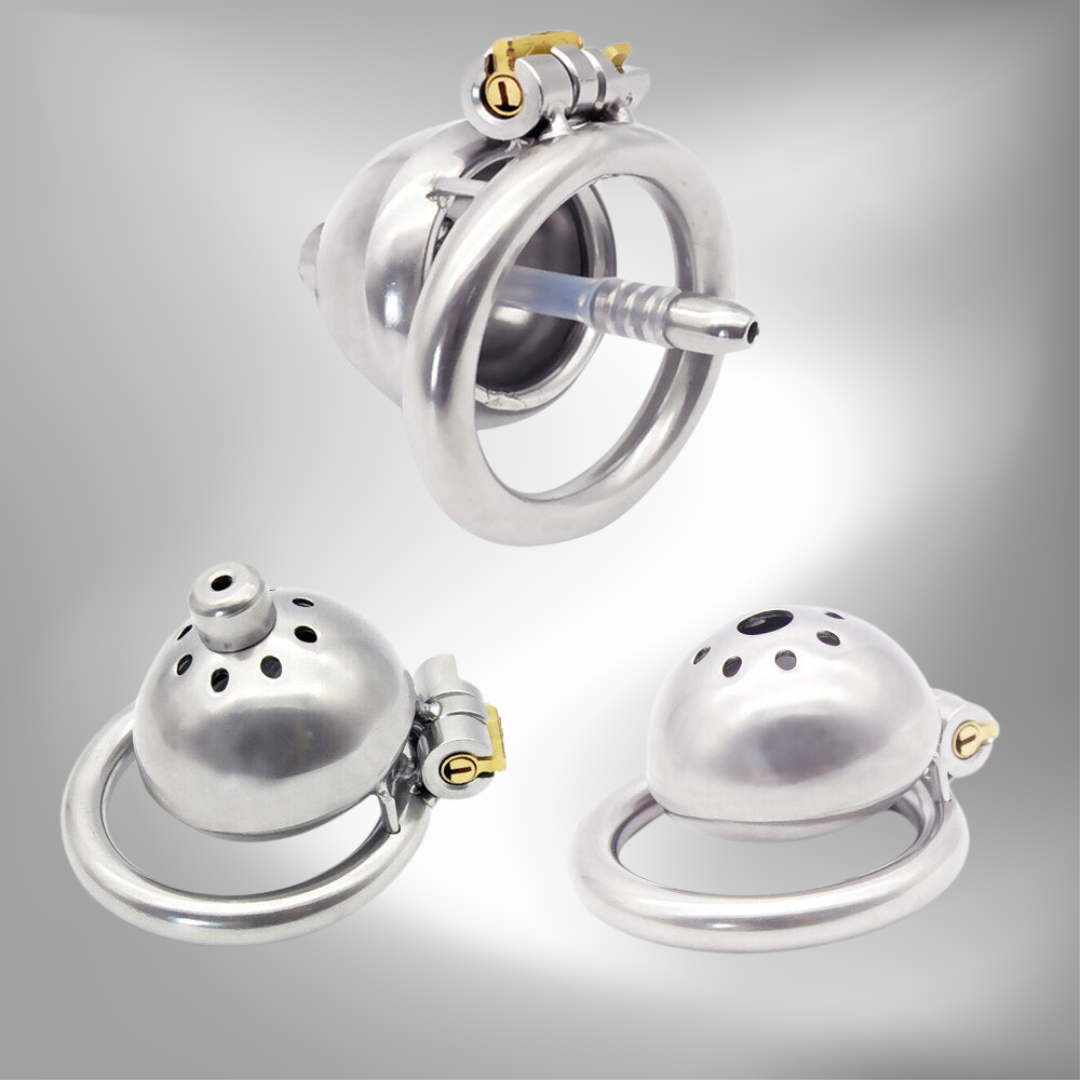 Super Small Compact Chastity Cage For Men: Stainless Steel Cock Cage with Removable Urinary Catheter and Penis Ring