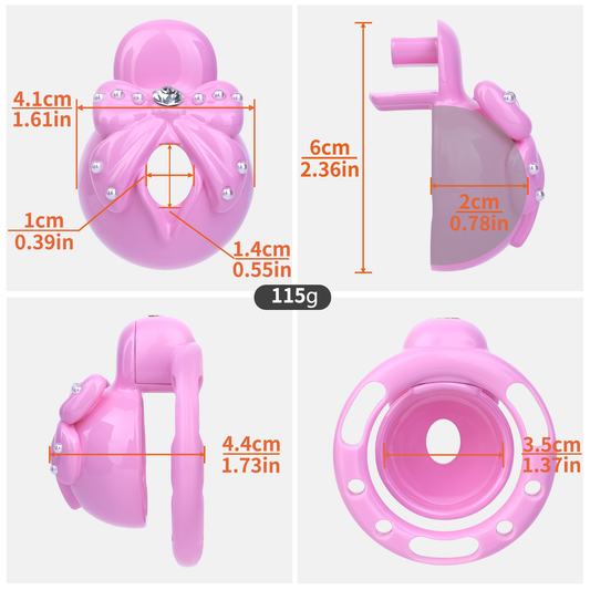 Pink Sissy Bowtie Chastity Cage Small Compact Cute Cockcage with Rhinestones and Breathable Base Rings
