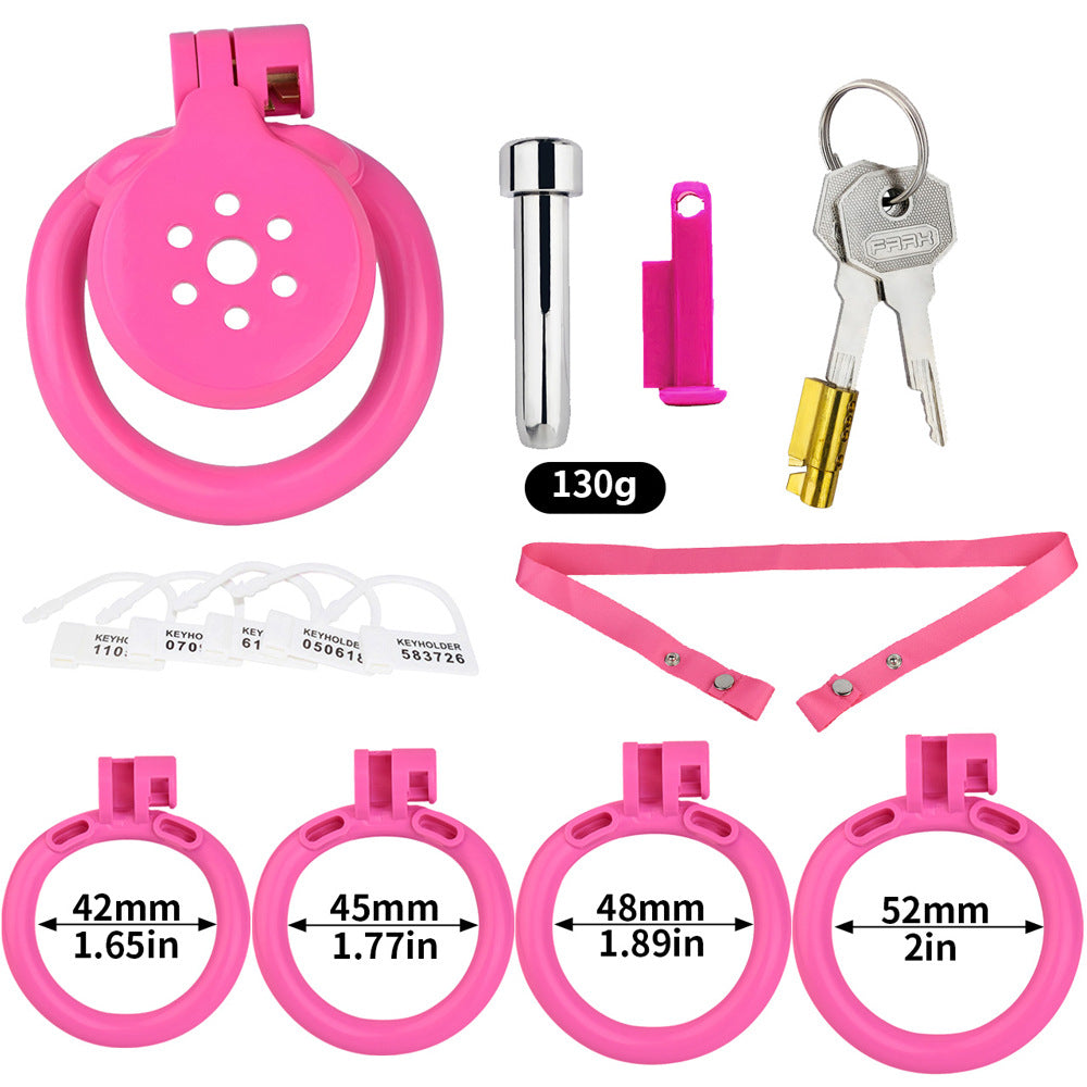 tiny pink flat chastity cage for sissy ladyboy with strap and metal catheter tube