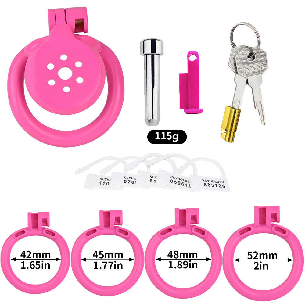 tiny pink flat chastity cage for sissy ladyboy with strap and metal catheter tube