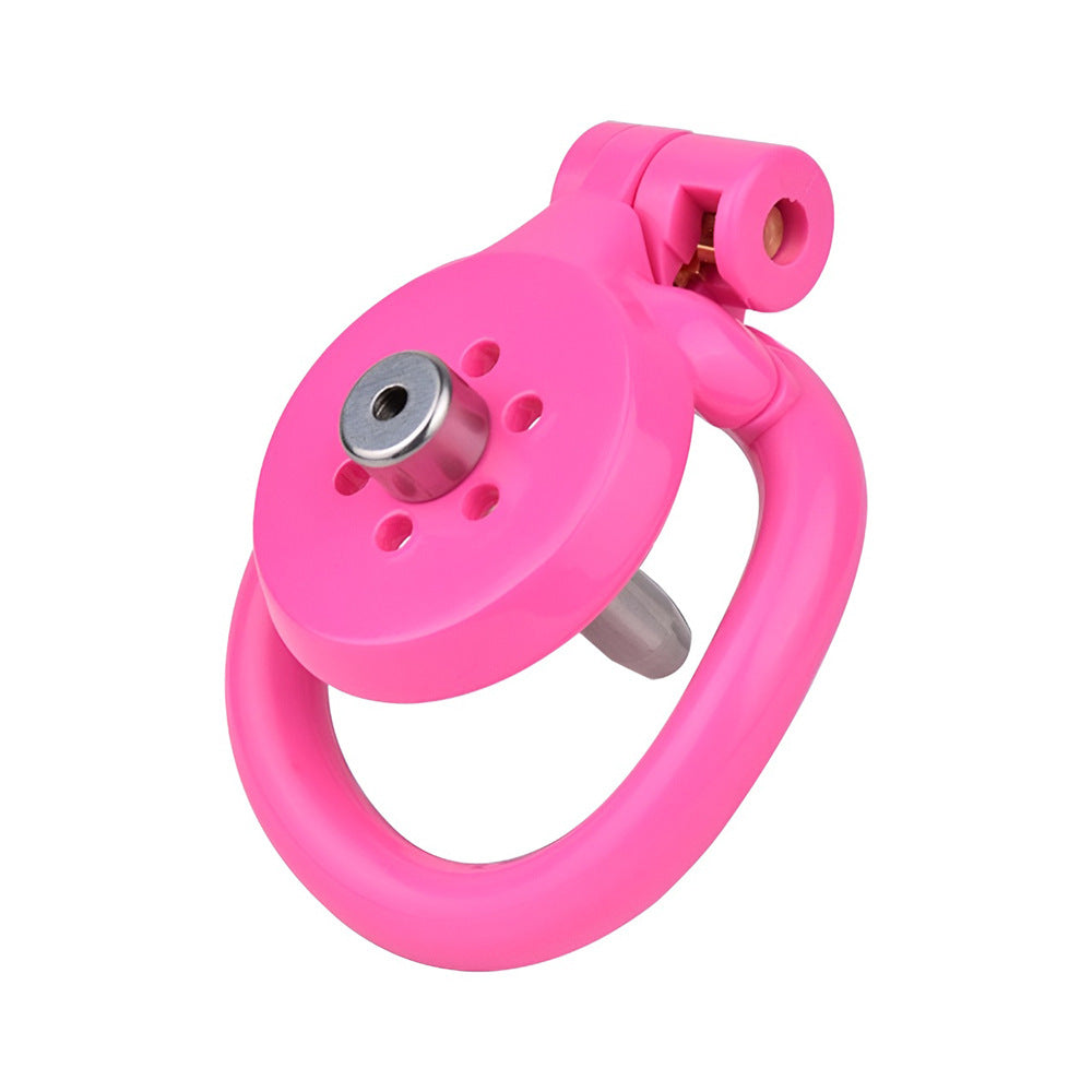 tiny pink flat chastity cage for sissy ladyboy with strap and metal catheter tube