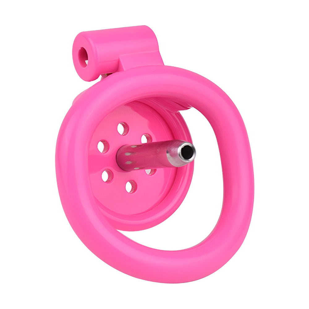 tiny pink flat chastity cage for sissy ladyboy with strap and metal catheter tube