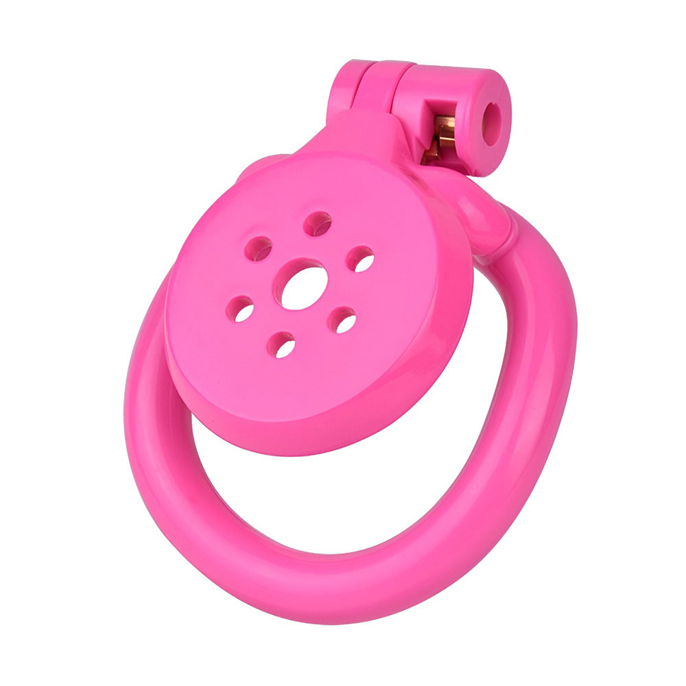 tiny pink flat chastity cage for sissy ladyboy with strap and metal catheter tube
