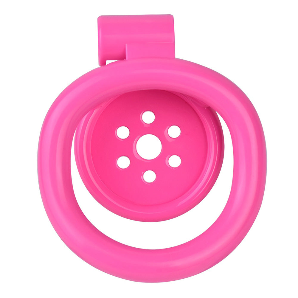 tiny pink flat chastity cage for sissy ladyboy with strap and metal catheter tube