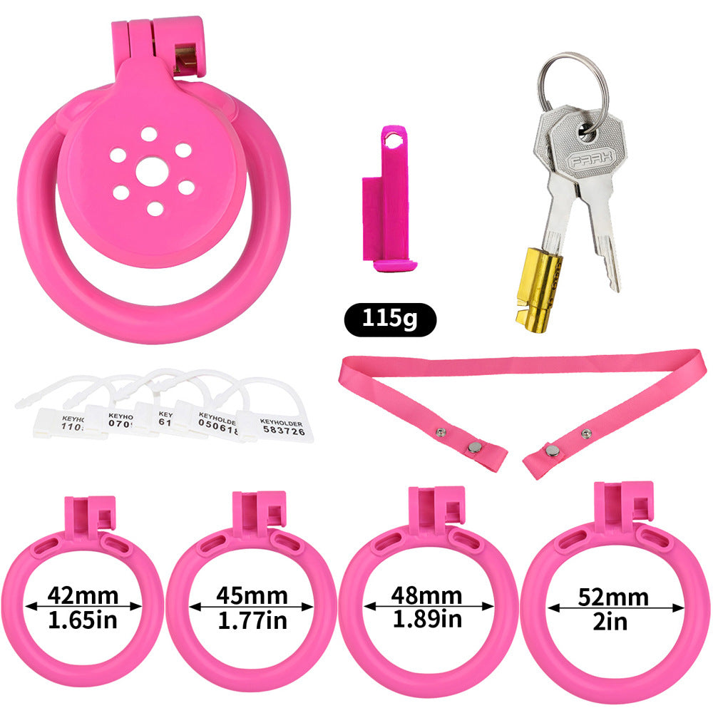 tiny pink flat chastity cage for sissy ladyboy with strap and metal catheter tube