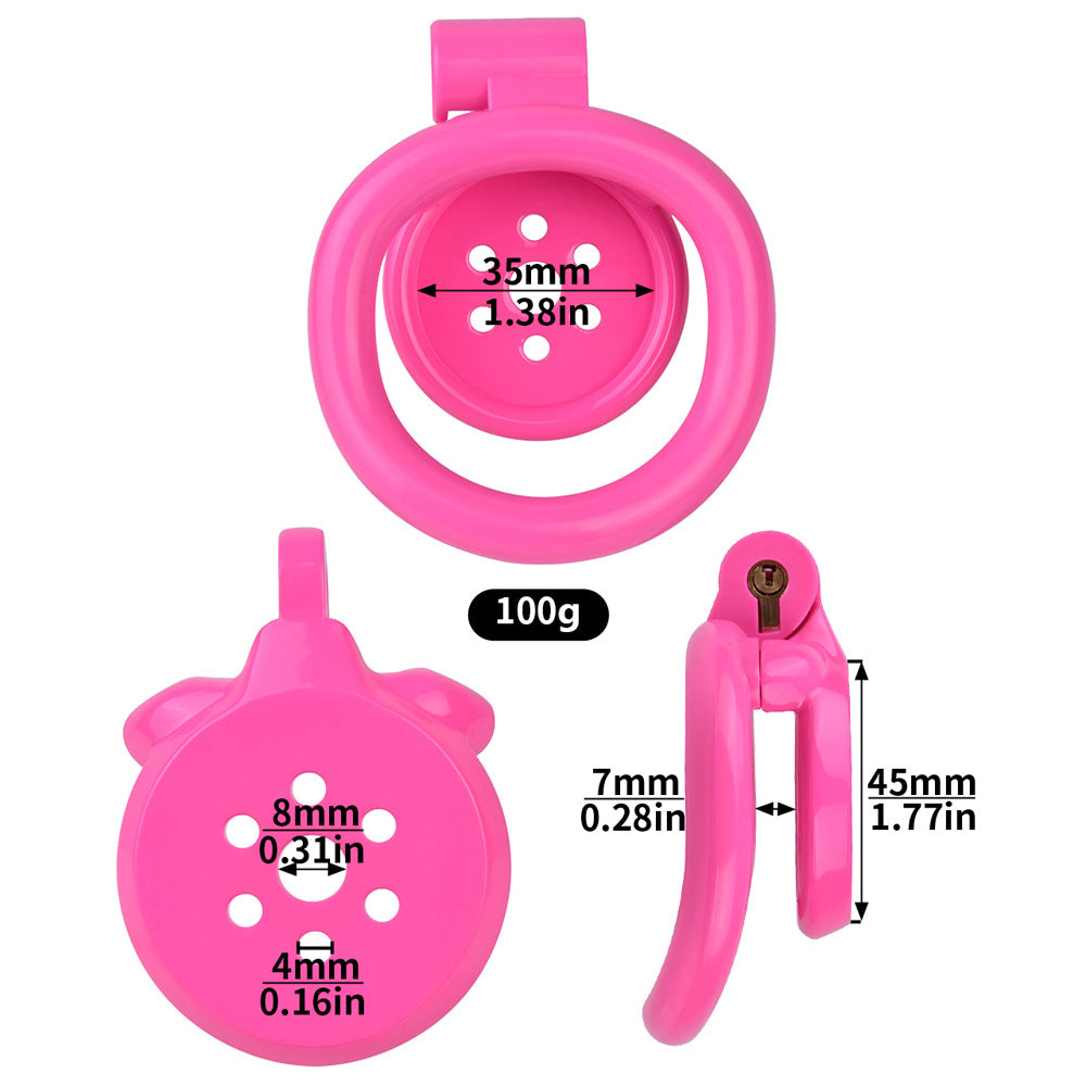 tiny pink flat chastity cage for sissy ladyboy with strap and metal catheter tube