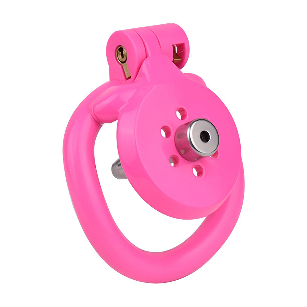 tiny pink flat chastity cage for sissy ladyboy with strap and metal catheter tube