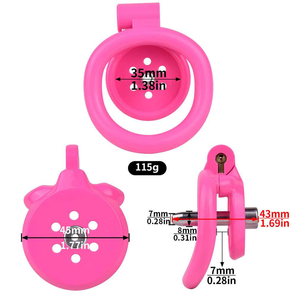 tiny pink flat chastity cage for sissy ladyboy with strap and metal catheter tube