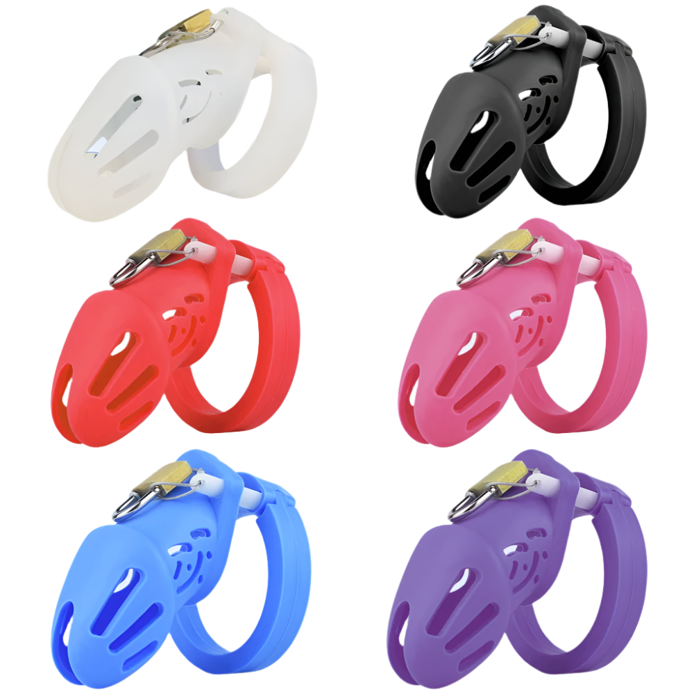 Jaula de castidad de silicona suave con correa - Tamaño grande/pequeño - Multicolor