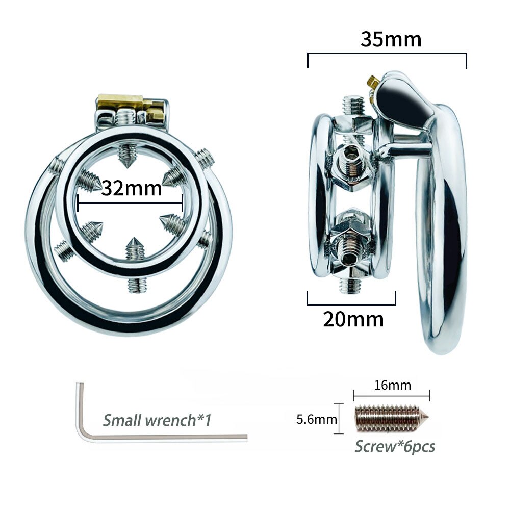 Spiked Chastity Cage - Bolted Metal Cock Cage with 4 Snap Ring Sizes For Option