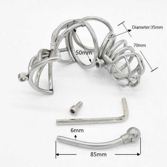 Metal Chastity Cage For Men - Hollow Cock Cage with Urethral Catheter Tube