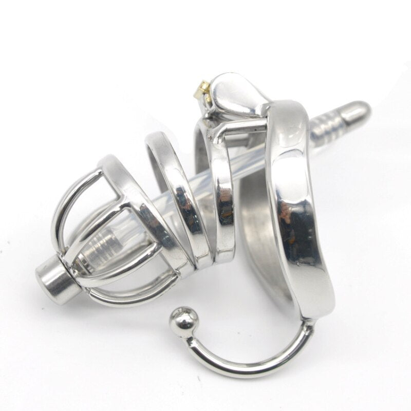 Male Chastity Cock Cage: Stainless Steel Hollow Breathable Sleeve with soft silicone Urinary Catheter Tube Lock