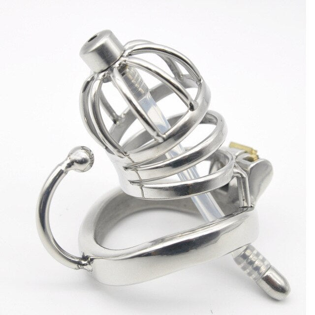 Male Chastity Cock Cage: Stainless Steel Hollow Breathable Sleeve with soft silicone Urinary Catheter Tube Lock
