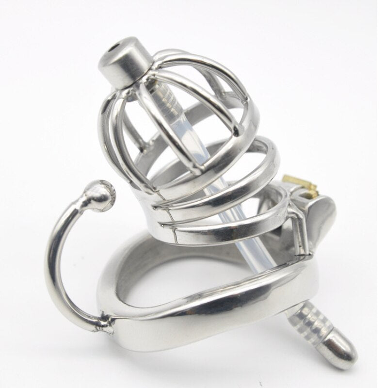 Male Chastity Cock Cage: Stainless Steel Hollow Breathable Sleeve with soft silicone Urinary Catheter Tube Lock