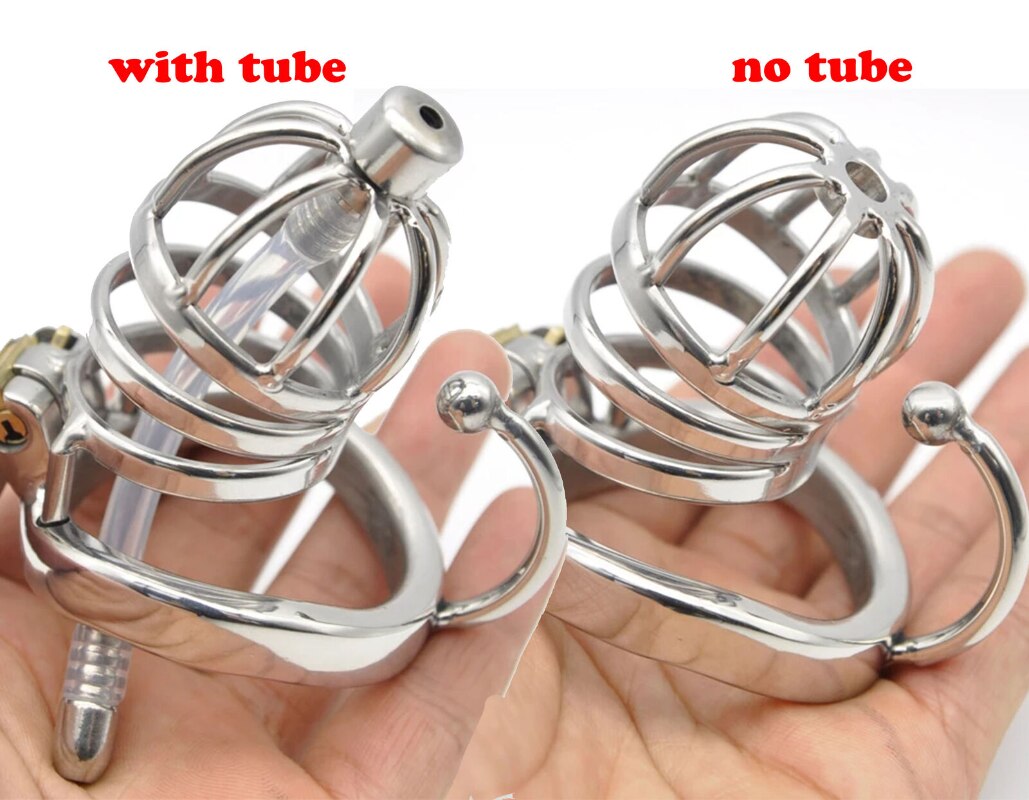 Male Chastity Cock Cage: Stainless Steel Hollow Breathable Sleeve with soft silicone Urinary Catheter Tube Lock