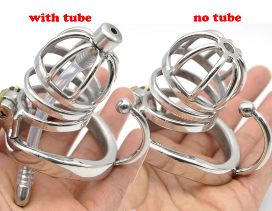 Male Chastity Cock Cage: Stainless Steel Hollow Breathable Sleeve with soft silicone Urinary Catheter Tube Lock