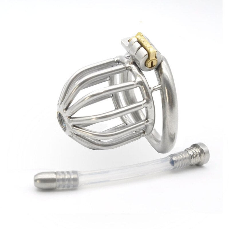 Small Metal Chastity Cock Cage For Men with Urinary Catheter, Penis Ring, and Lock