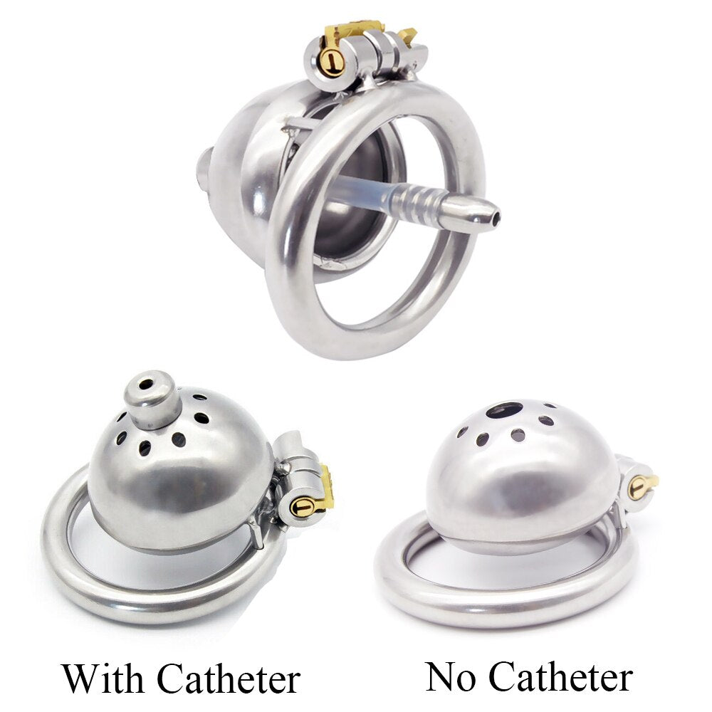 Super Small Compact Chastity Cage For Men: Stainless Steel Cock Cage with Removable Urinary Catheter and Penis Ring