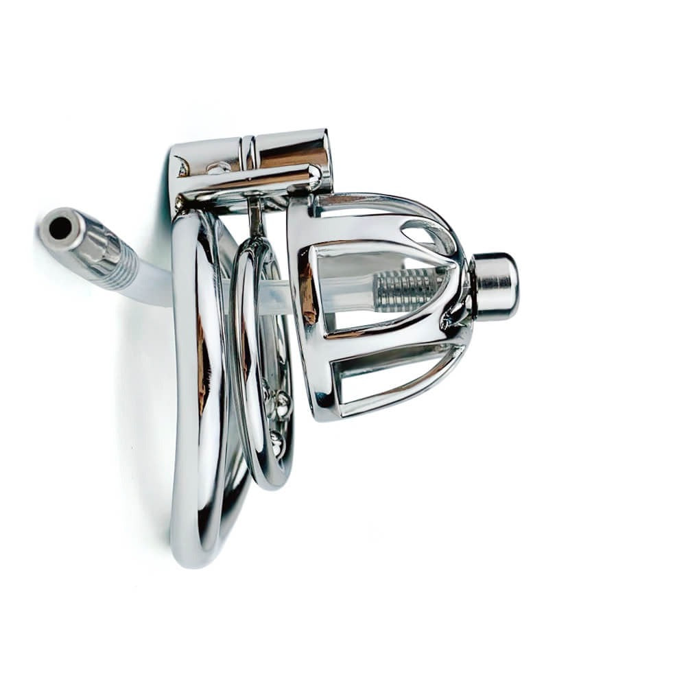 Male Stainless Steel Metal Chastity Cage With Detachable Silicone/Metal Urethral Tube