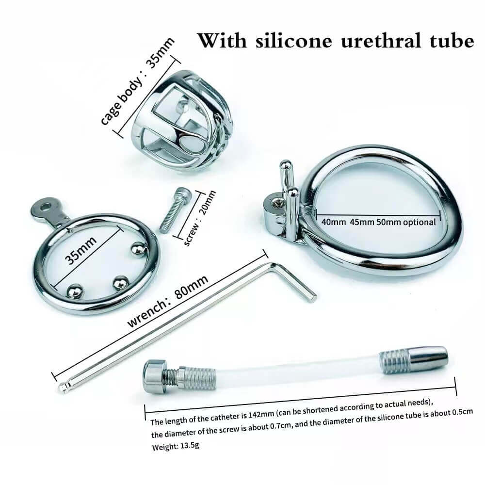 Male Stainless Steel Metal Chastity Cage With Detachable Silicone/Metal Urethral Tube