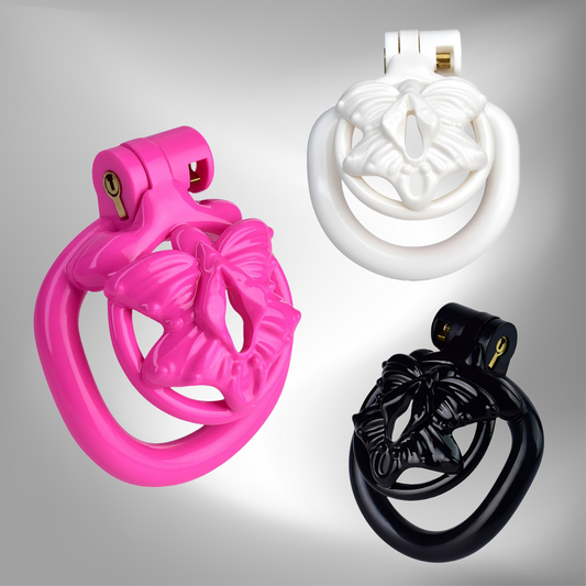 Butterfly Flat Chastity Cage with 4 Penis Rings - Black/Pink/White