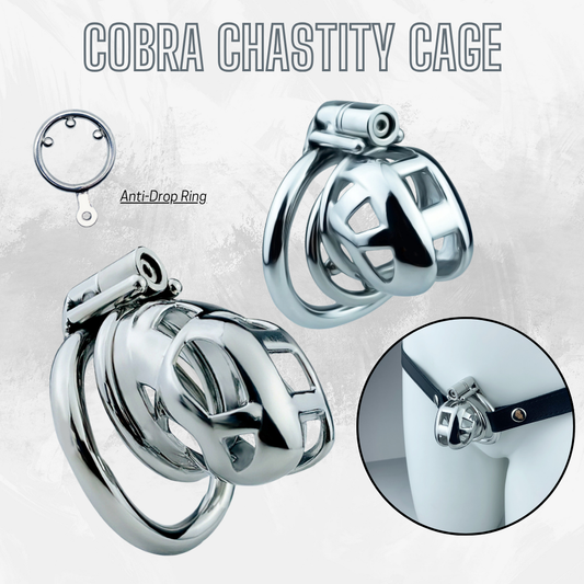 Metal Cobra Chastity Cage with spiked anti-drop ring and Strap - Small/Micro