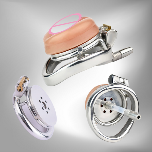 Detachable Small Pussy Flat Chastity Cage with Silicone/Metal Urethral Catheter Fake Vagina Cock Cage