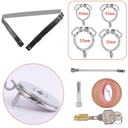 Detachable Small Pussy Flat Chastity Cage with Silicone/Metal Urethral Catheter Fake Vagina Cock Cage