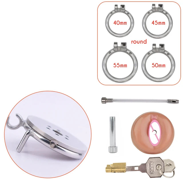 Detachable Small Pussy Flat Chastity Cage with Silicone/Metal Urethral Catheter Fake Vagina Cock Cage