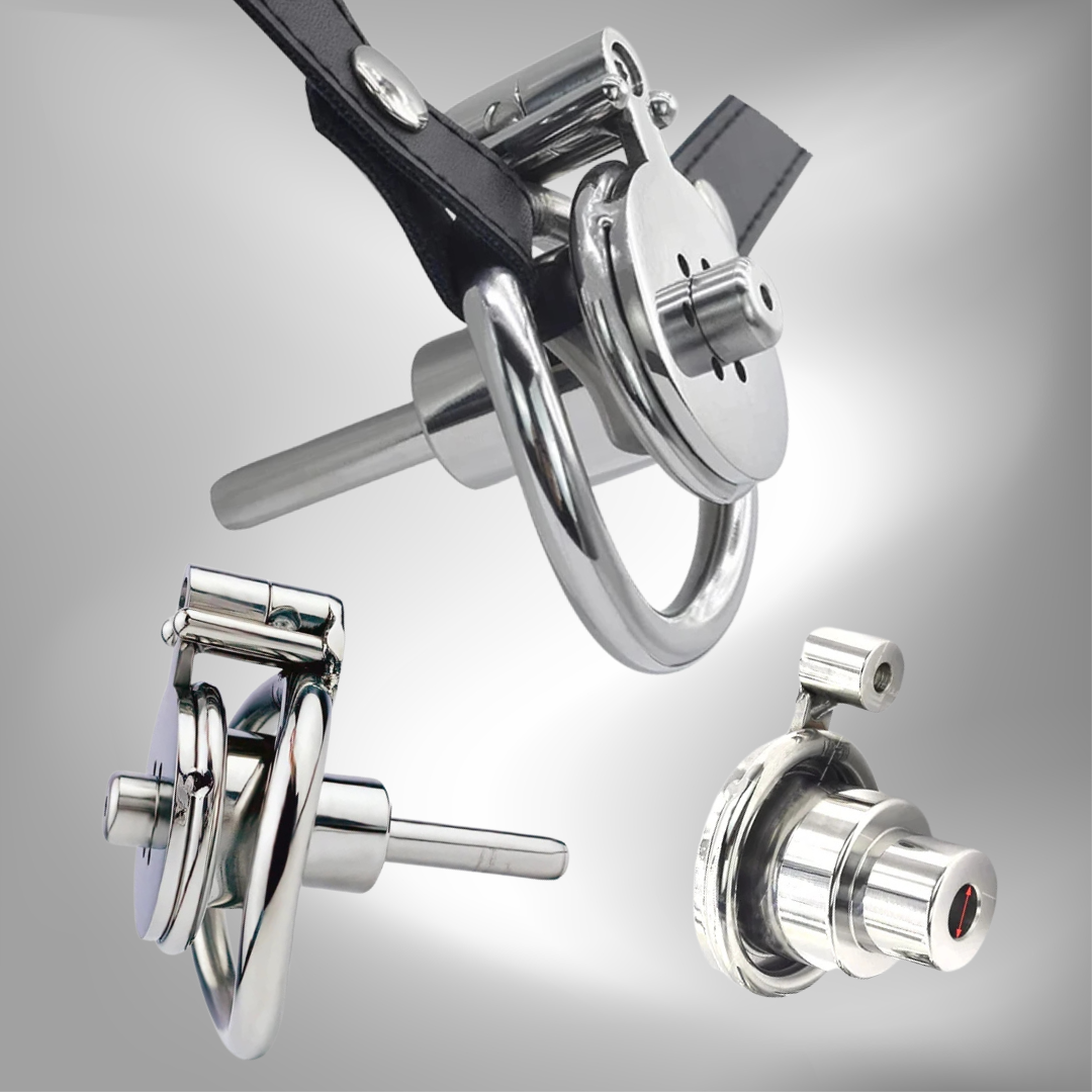 Inverted Chastity Cage with Long Metal Urethral Tube and PU Belt Negative Cock Cage For Men and Sissy