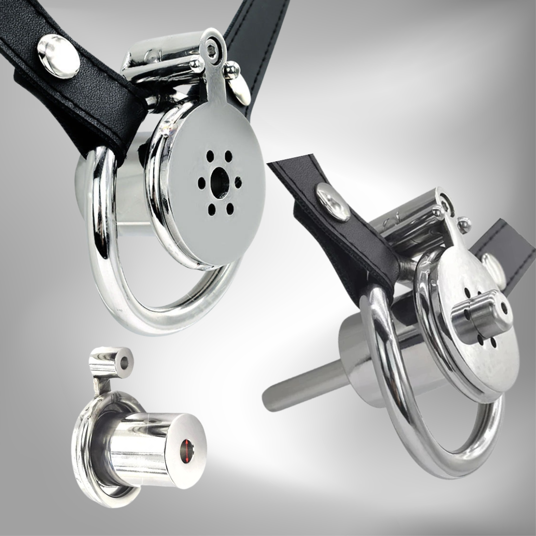 Inverted Chastity Cage with Metal Urethral Catheter and PU Belt Negative Cock Cage Male Chastity Device