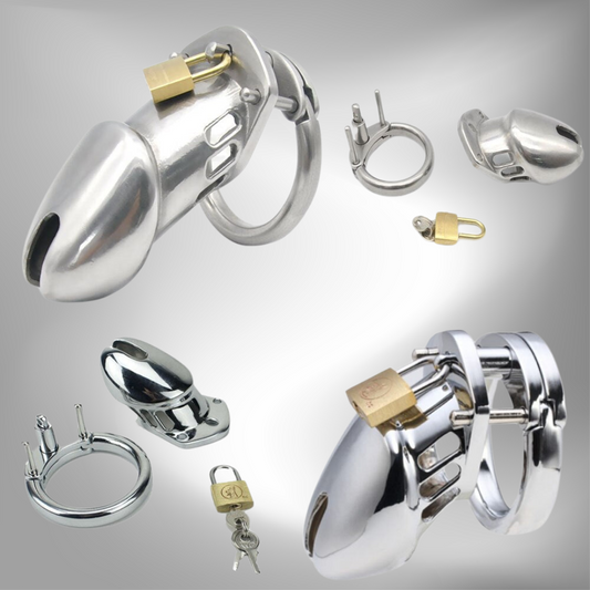 Male Chastity Device - Stainless Steel Chrome Plated Metal Cock Cage with Lock 