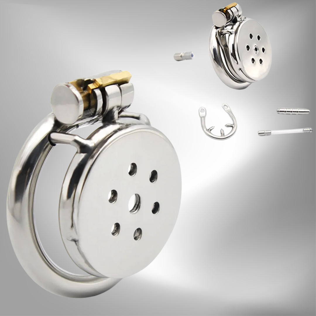 Metal Flat Chastity Cage with Metal/Silicone Catheter and Spiked Ring