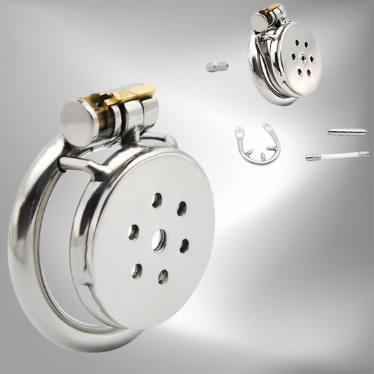 Metal Flat Chastity Cage with Metal/Silicone Catheter and Spiked Ring