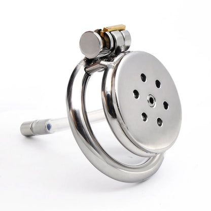 Metal Flat Chastity Cage with Metal/Silicone Catheter and Spiked Ring 6