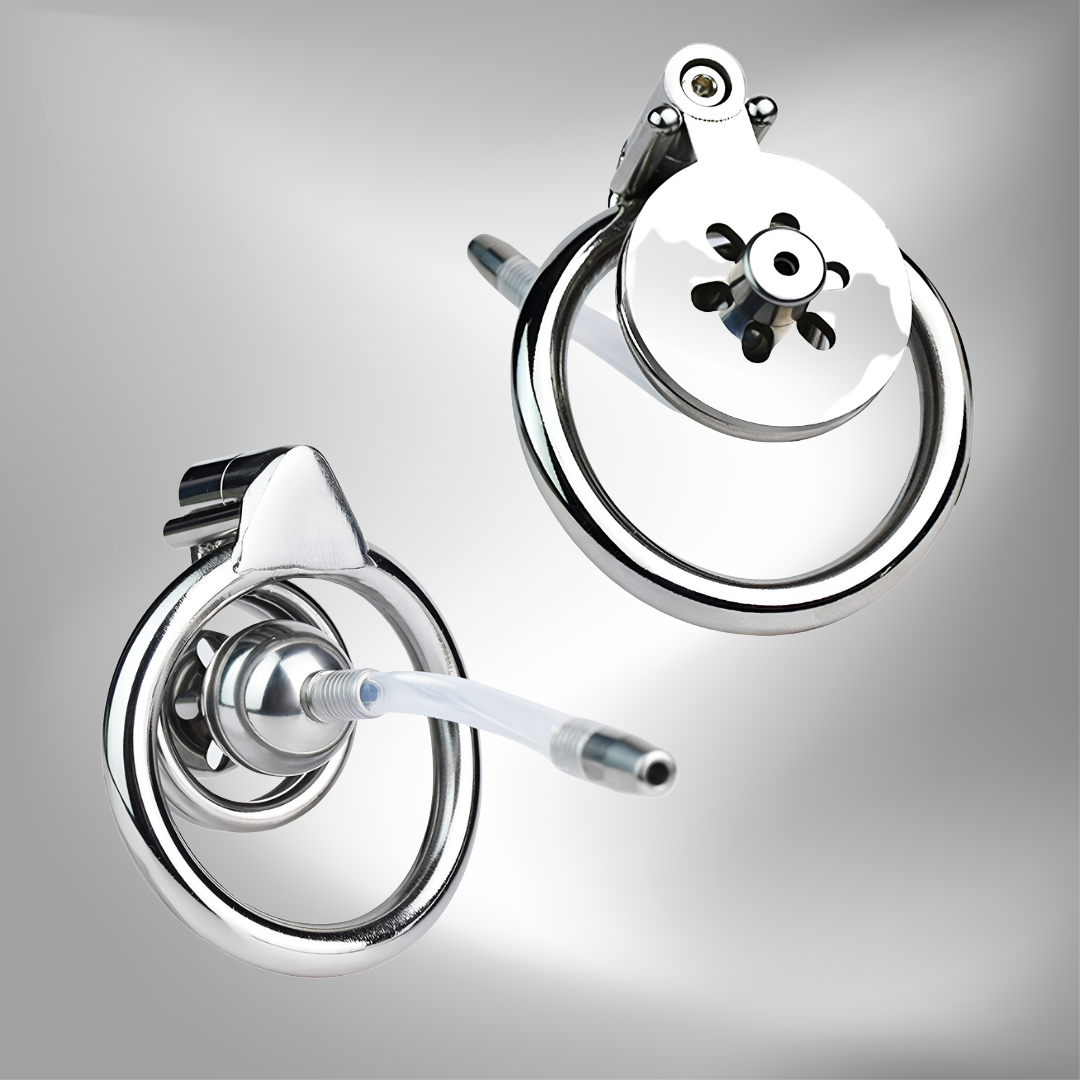 Micro Negative Inverted Flat Chastity Cage with Silicone Urethral Catheter and Strap