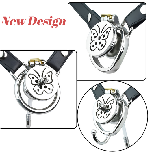 Butterfly Inverted Chastity Cage with PU Strap Flat Negative Cock Cage Chastity Belt For Men with Silicone Urethral Catheter