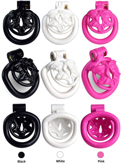 Butterfly Flat Chastity Cage with 4 Penis Rings - Black/Pink/White