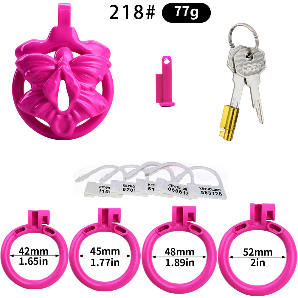 Butterfly Flat Chastity Cage with 4 Penis Rings - Black/Pink/White