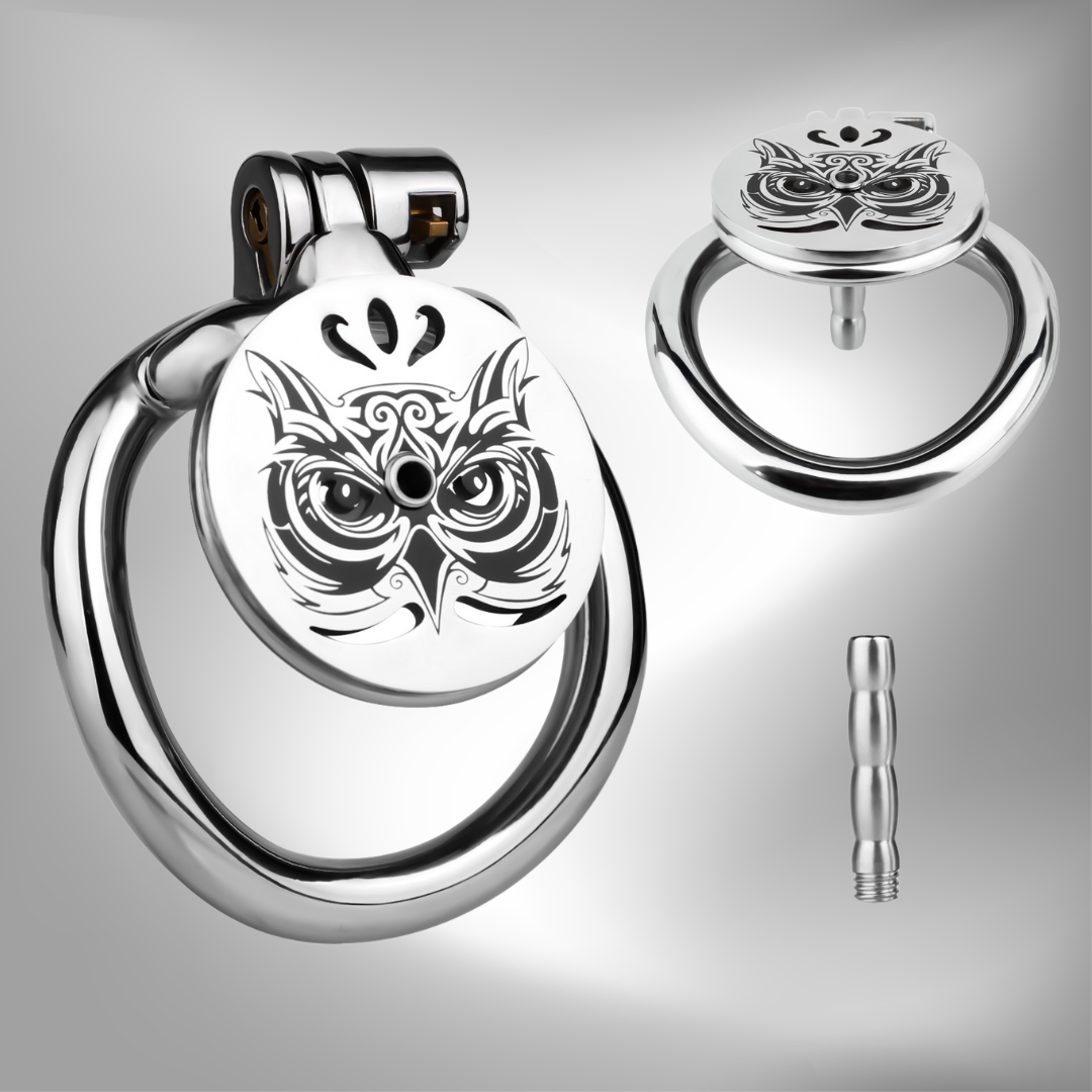 Midnight Owl Flat Stainless Steel Chastity Cage with Removable Urethral Catheter